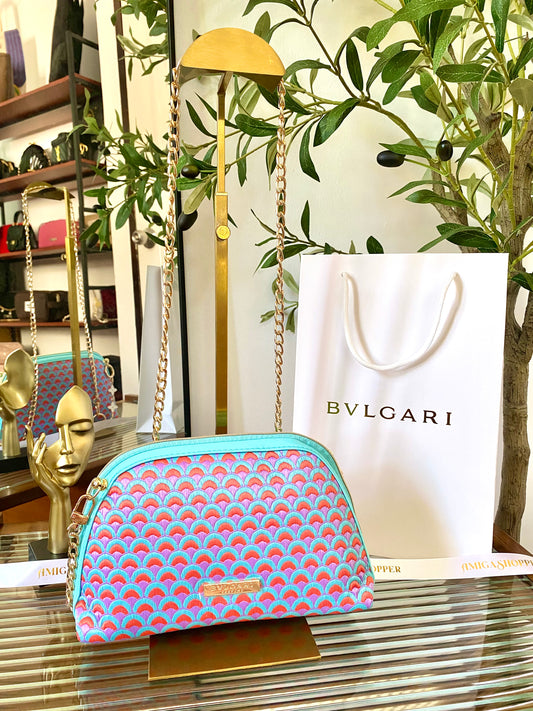 BVLGARI Pattern Blue Fan Pouch w/ Sling